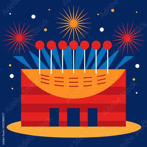 Festive Firework Celebration: A vibrant and eye-catching illustration of a fireworks display. Featuring bursts of colorful explosions above a stylized building, exuding an atmosphere of excitement.