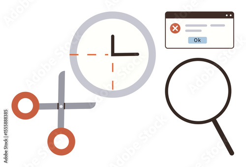 Clock with dashed lines, magnifying glass, scissors, and error message highlight analysis, problem-solving, task management, optimization, productivity time efficiency digital troubleshooting. A