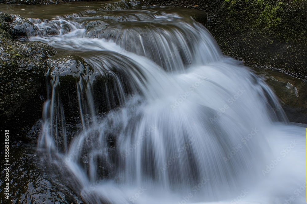 Fototapeta premium Serene Waterfall Cascading over Smooth Rocks