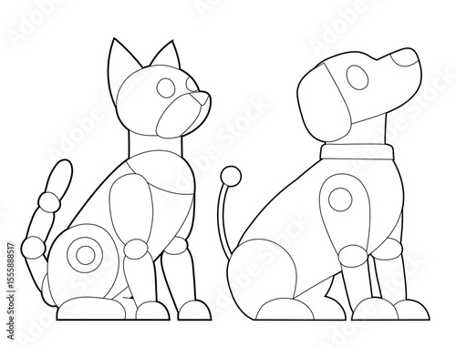Vector set of contour mechanical pets cliparts. Collection of outline robot dog and robot cat. Animals of the future