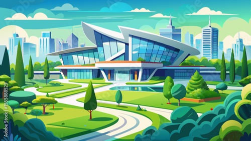 Modern architecture building with sleek design surrounded by a beautiful green park in China. Urban landscape featuring manicured lawns, trees, walking paths