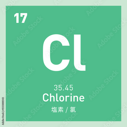 Cl. Chlorine. An element with atomic number 17. Atom, element. Element symbol. Marks. Labels. Basic unit of matter. Periodic law.