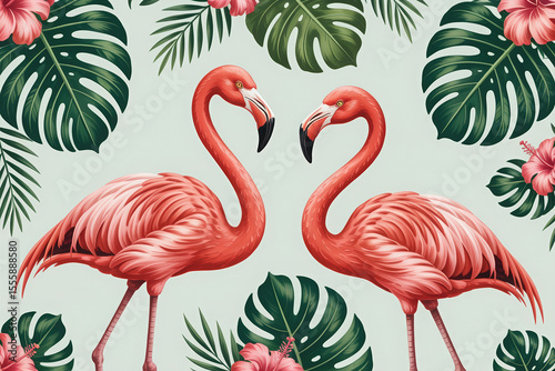 Two pink flamingos surrounded by tropical foliage hibiscus flowers monstera leaves