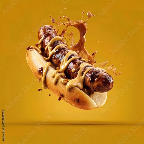 hot dog grilled sausage in a bun with mustard sauce . aspect ratio 1:1