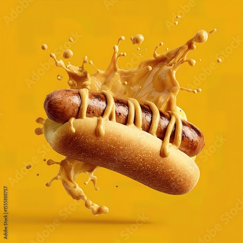 hot dog grilled sausage in a bun with mustard sauce . aspect ratio 1:1