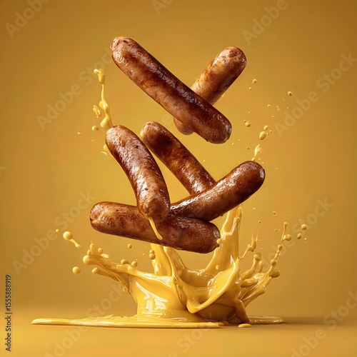 hot dog grilled sausages falling while being splashed by mustard sauce . aspect ratio 1:1