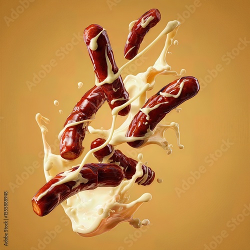 hot dog grilled sausages falling while being splashed by white sauce . aspect ratio 1:1