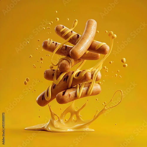 hot dog grilled sausages falling while being splashed by mustard sauce . aspect ratio 1:1