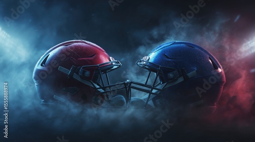 Red and Blue American Football Helmets Facing Off with Dramatic Smoke and Lighting in Background