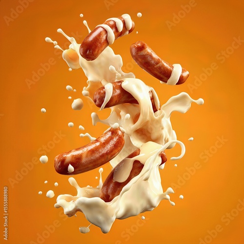 hot dog grilled sausages falling while being splashed by white sauce . aspect ratio 1:1