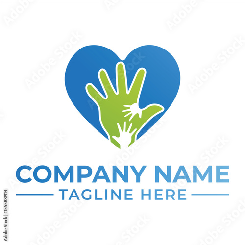 Symbol of Care and Support Heart Shaped Logo with Hands Reaching Out in Green and Blue Gradient Colors