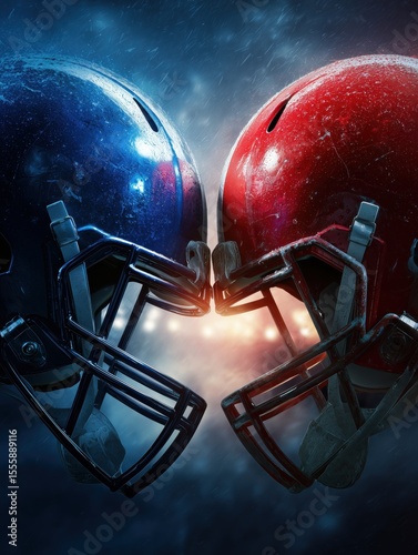 Red and Blue American Football Helmets Facing Off with Dramatic Smoke and Lighting in Background