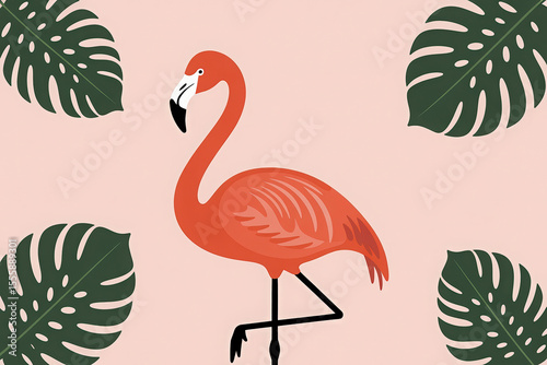 Coral flamingo green monstera leaves tropical image