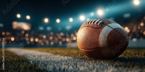 Close-Up of American Football on Stadium Field Under Bright Lights, Ready for Game Kickoff