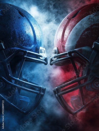 Red and Blue American Football Helmets Facing Off with Dramatic Smoke and Lighting in Background