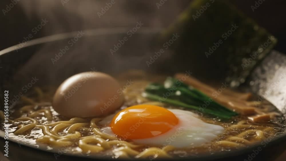 Ramen Delight: A steaming bowl of ramen is a culinary journey for the eyes, featuring a soft-boiled egg and perfectly fried egg, seaweed and fresh green onion.