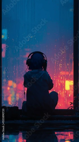 anime girl with headphones sitting quietly by a rainy window at night looking at neon city lights reflective glass calm urban atmosphere peaceful moody solitude scene