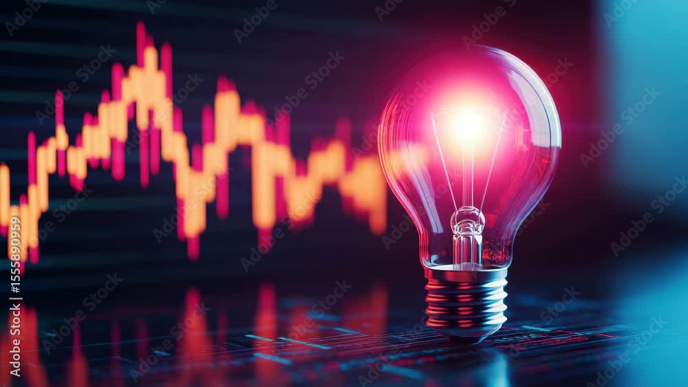 Light bulb glowing red light near digital stock market graph symbolizing innovation financial growth technology business investment bright ideas reflective surface blurred financial chart background