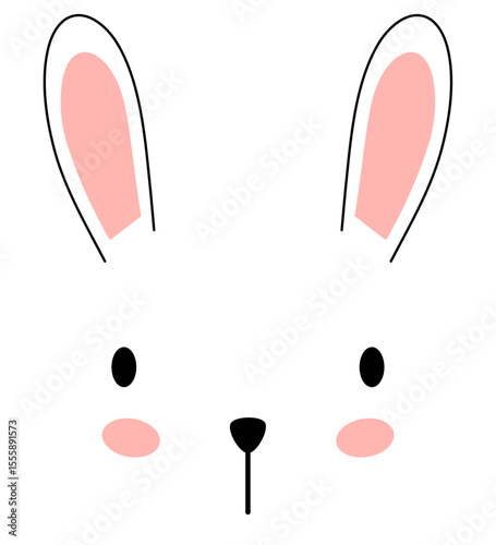 Rabbit's face, minimalistic and charming illustration with long ears, rosy cheeks and a cute button nose with clean isolated background.