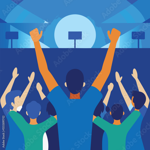 Fan Excitement: Animated crowd in vibrant blues cheers a show, capturing the intense energy and enthusiasm of a live event.