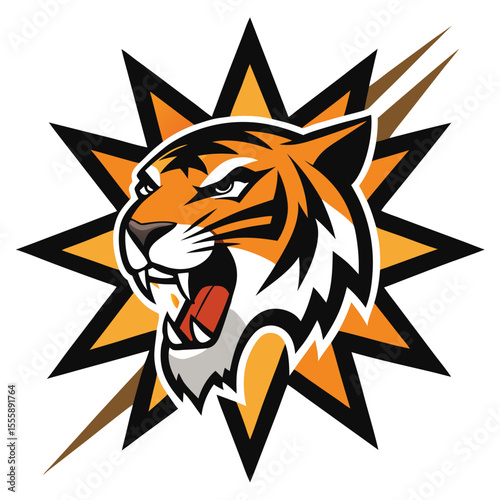roaring tiger head mascot logo on a white starburs