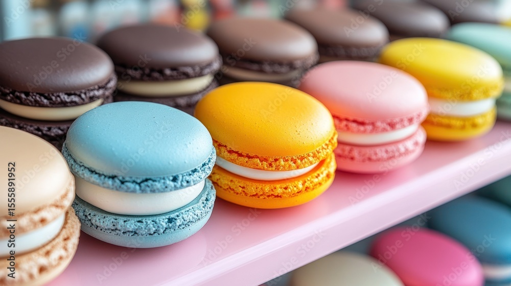 Fototapeta premium Colorful macarons in rows on a pink display