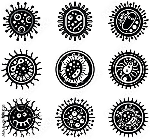Vector illustration: Nine stylized black and white microbe icons