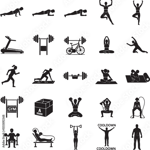 Black and white collection of fitness and exercise silhouettes and icons workout health