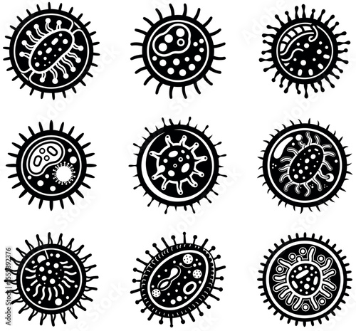 Vector illustration: Nine stylized monochrome virus icons