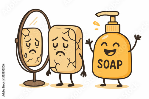 Cartoon soap bar looking sad in the mirror next to a cheerful soap pump, humorous concept