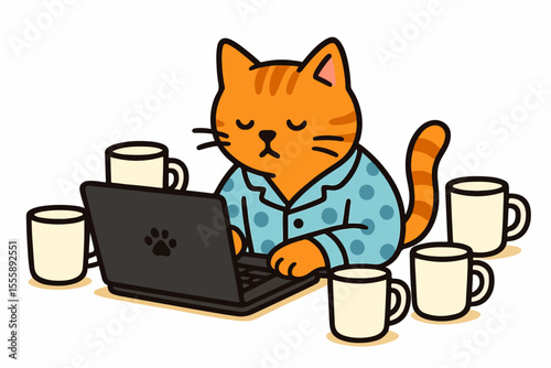 Cartoon cat in pajamas working on a laptop surrounded by coffee mugs, humorous concept