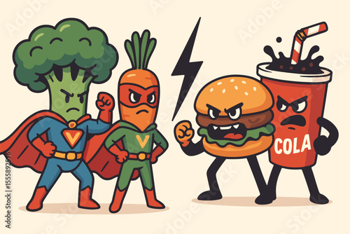 Superhero vegetables broccoli and carrot battling against fast food burger and soda, humorous concept