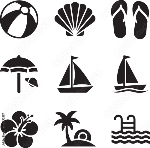 Black and white collection of summer vacation icons including beach ball seashell flip flops umbrella sailboat hibiscus palm tree