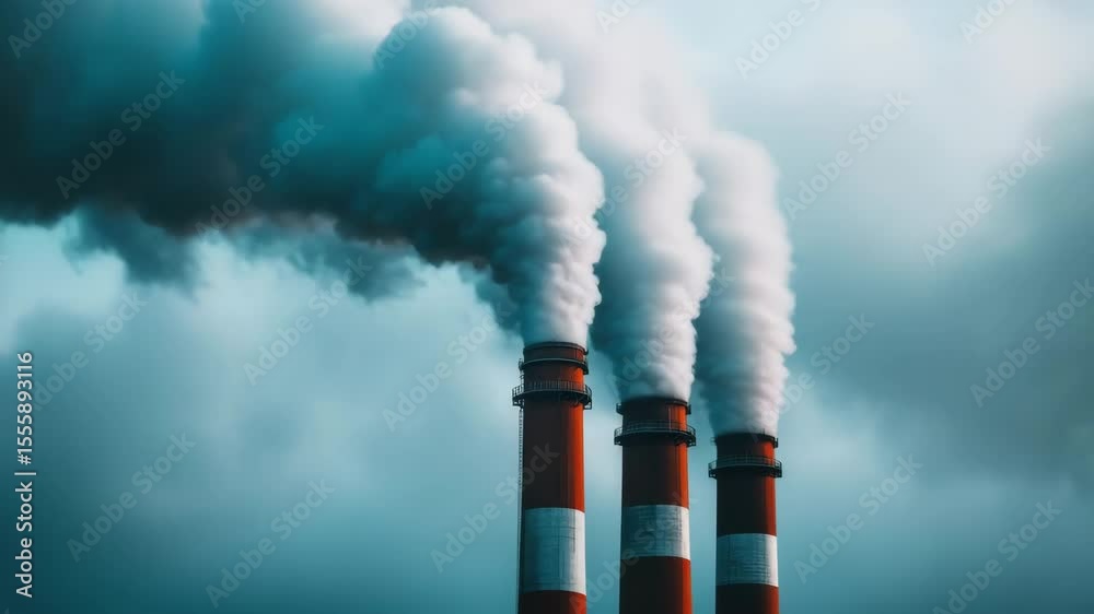 Industrial chimney smoke pollution clouds sky air emission factory environment impact dramatic somber moody atmosphere illustrating industrial activity environmental effects