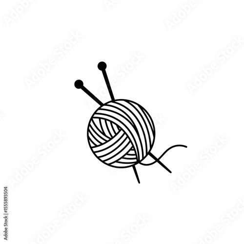 Knitting yarn ball with knitting needles, black and white vector. Hobby and crafts, woolen clothes made by grandmothers