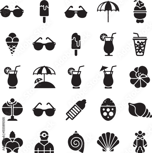 Black silhouette icons of summer vacation beach items sunglasses ice cream drinks and shells
