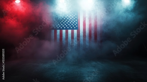 American flag backdrop with dramatic lighting and smoke.