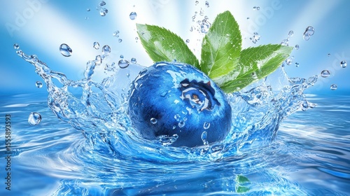 Blueberry splashing into water with frozen droplets. Ultra-realistic, vibrant blue background.