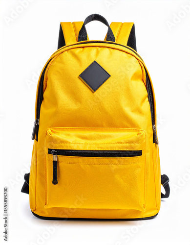 Yellow backpack opened isolated on white. School bag advertisement design. Knapsack, rucksack,travel bag.