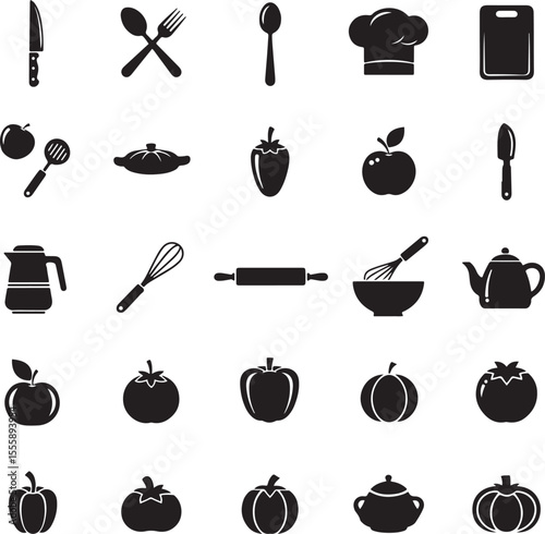 Black Silhouettes of Kitchen Utensils Fruits and Vegetables on White Background food