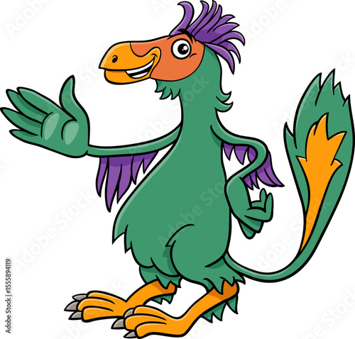 cartoon Caudipteryx or feathered dinosaur prehistoric character waving
