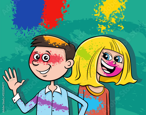 happy cartoon girl and boy having fun on party with color powders