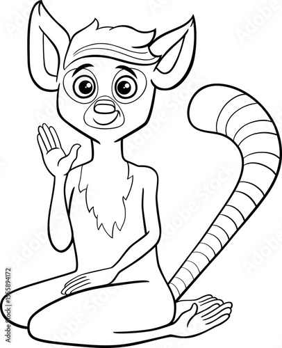 funny cartoon lemur primate animal character waving hand coloring page