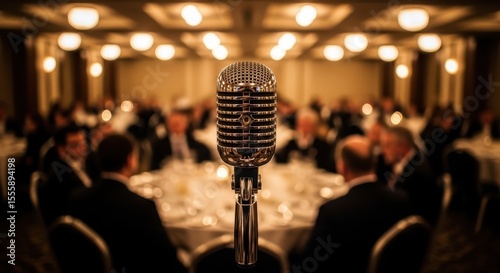 Silver microphone in focus with out of focus banquet dinner background