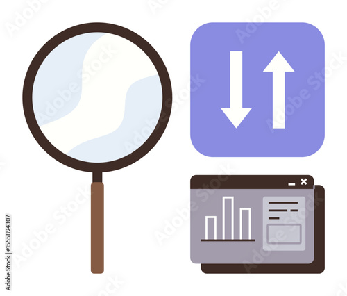 Magnifying glass emphasizing detail, arrows representing sorting, and a browser window showing analytics chart. Ideal for research, data analysis, business strategy, SEO, marketing, trends