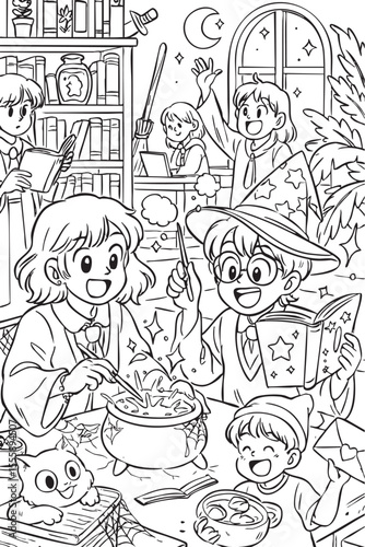 A group of cheerful children dressed as wizards in robes and pointy hats gather in a magical library at night. They mix a potion in a cauldron on a table covered with cobwebs, books and a curious cat.