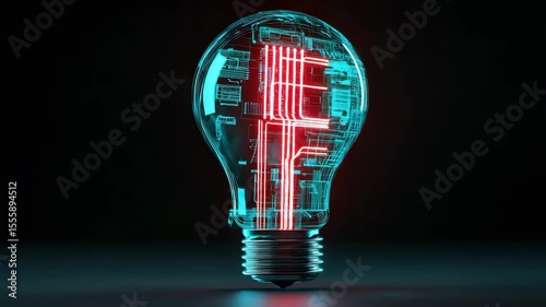 technology and nature for sustainable growth concept. A glowing lightbulb featuring an intricate digital circuit design, symbolizing innovation and modern technology against a dark background.