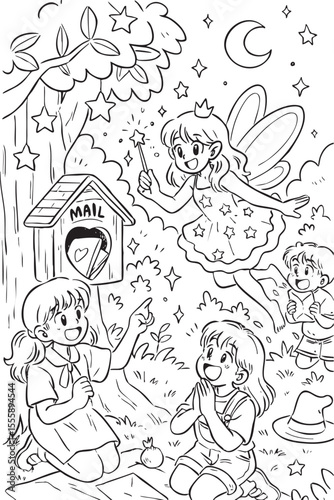 A joyful fairy with a crown and wings, wearing a dress with stars, flies at night under a moonlit sky, holding a magic wand.