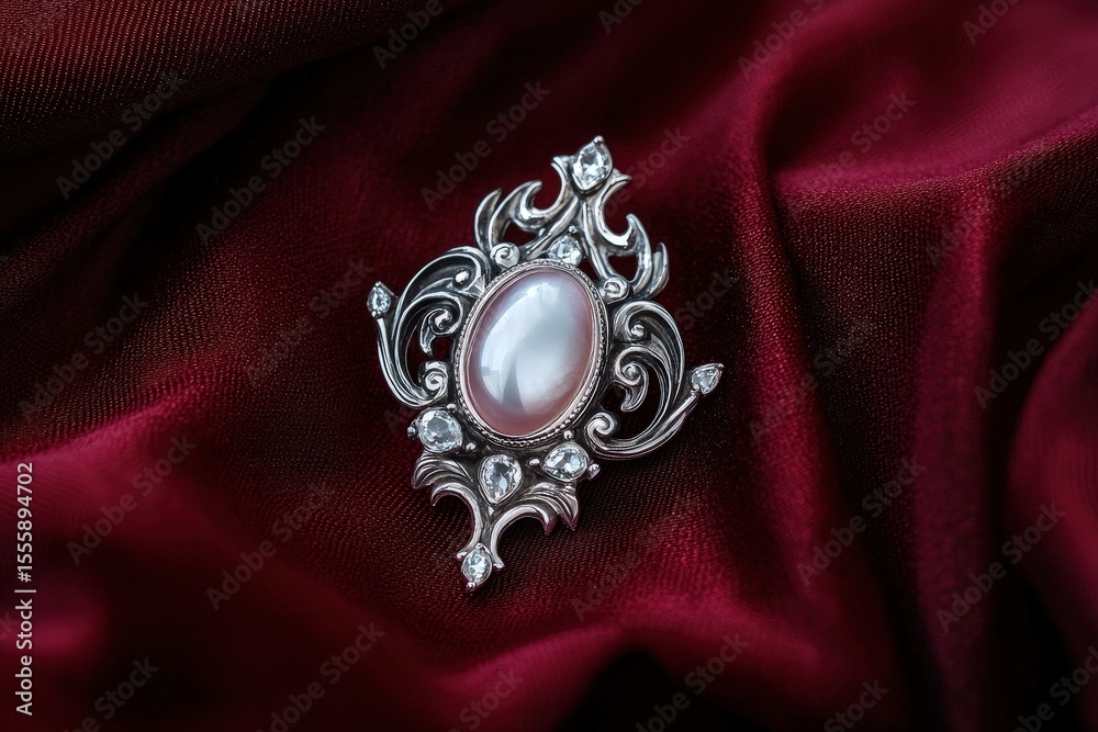 Fototapeta premium Jewelry with gemstones luxury silver brooch with Milky Quartz on a burgundy background