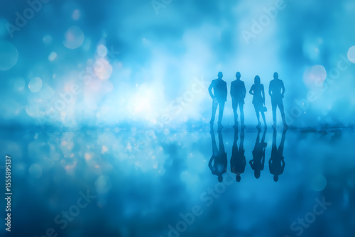 Standing Business Professionals in Suits Silhouette with Blue Bokeh Background
